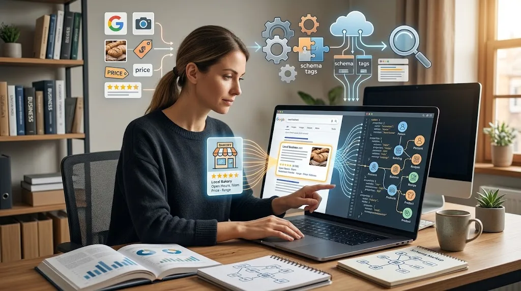 Small business owner reviewing website code on a laptop