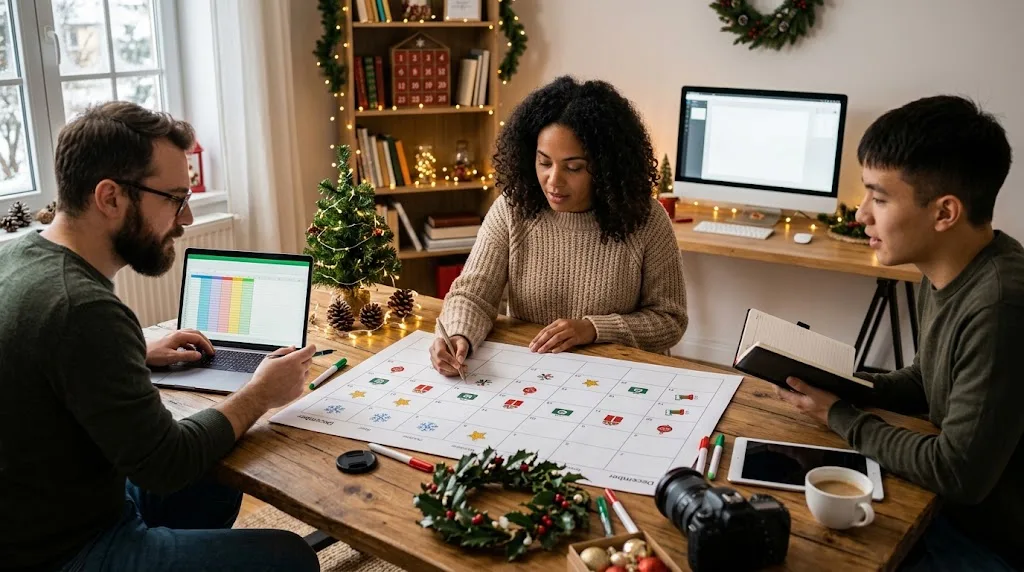 Small business team planning a holiday social media calendar together